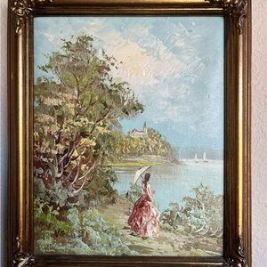 Vintage Signed Velosi Framed Mediterranean Scene Painting with Frame
